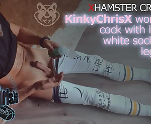 KinkyChrisX works his clean-shaved pipe with grease in milky socks and stretch pants WITH Pop-shot