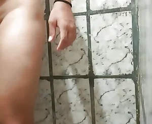 Fellow demonstrating off in the bathroom. masturbation.
